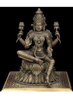 19" Goddess Lakshmi Seated on Lotus Pedestal (Fine Quality) | Handmade | Panchaloha Bronze