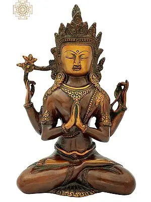 10" Tibetan Buddhist Deity Chenrezig (Shadakshari Lokeshvara) In Brass | Handmade | Made In India