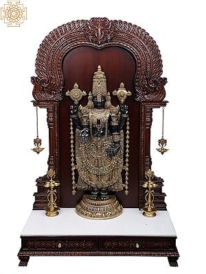 70" Super Large Tirupati Balaji in Wooden Frame Stand with Vaishnav Symbol Lamps | Teakwood Frame | Marble Base