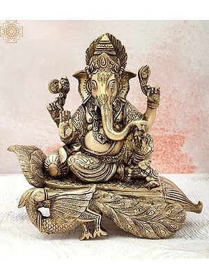 9" Blessing Ganesha Seated on Peacock Pedestal in Brass | Handmade | Made In India
