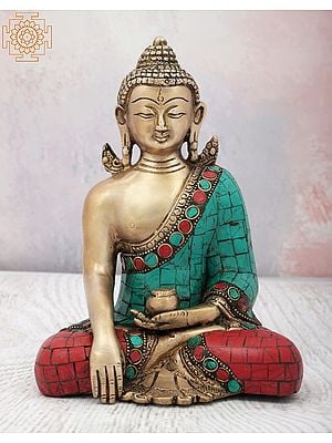 8" Bhumisparsha Lord Buddha With Colorful Inlay Work in Brass | Handmade | Made In India