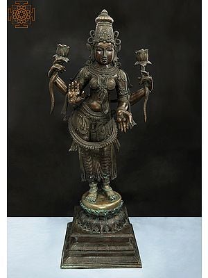 41" Standing Devi Lakshmi Of A Lifelike Quality | Handmade | Madhuchista Vidhana (Lost-Wax) | Panchaloha Bronze