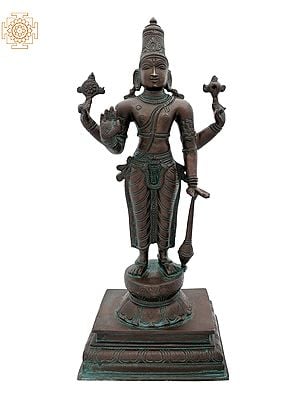 14" The Radiance Of Standing Chaturbhujadhari Lord Vishnu in Brass | Handmade | Made In India