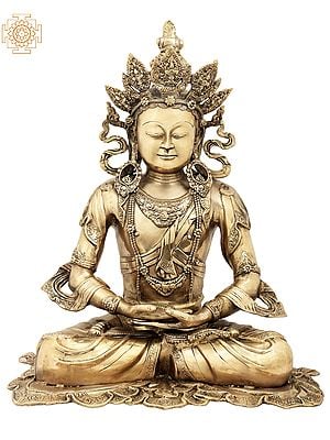 27" Seated Buddha With The Five-Spired Crown in Brass | Handmade | Made In India