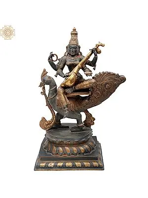 28" Gold-And-Charcoal Devi Saraswati in Brass | Handmade | Made In India