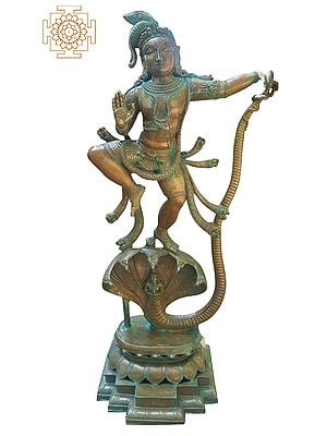60" Handmade Super Large Bronze Lord Kalinga Krishna Statue Dancing on Kaliya Serpent
