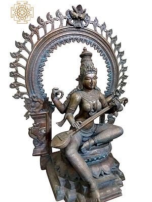 48" Sitting Goddess Saraswati | Handmade | Madhuchista Vidhana (Lost-Wax) | Panchaloha Bronze from Swamimalai