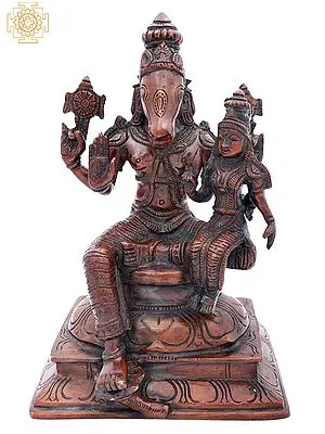 9" Varaha Avatara of Vishnu with Bhudevi Seated on Pedestal | Brass | Handmade | Made In India