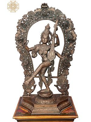 "Nritya-rata Saraswati" Bronze Goddess Saraswati Engaged In Divine Dance | Handmade | Madhuchista Vidhana (Lost-Wax) | Panchaloha Bronze from Swamimalai