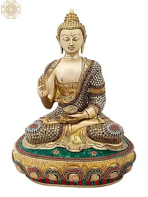 16" Preaching Buddha with Colorful Inlay Work in Brass | Handmade | Made In India