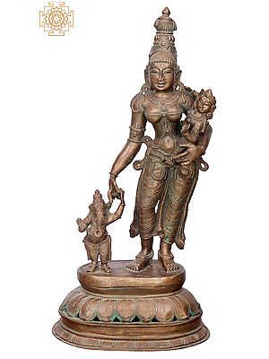 21 Standing Parvati with Baby Ganesha and Karttikeya | Handmade | Madhuchista Vidhana (Lost-Wax) | Panchaloha Bronze from Swamimalai"
