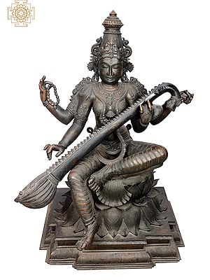 39" Saraswati | Handmade | Madhuchista Vidhana (Lost-Wax) | Panchaloha Bronze from Swamimalai