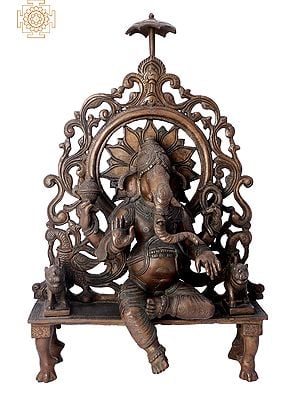 17" King Ganesha Seated on Royal Throne | Handmade | Madhuchista Vidhana (Lost-Wax) | Panchaloha Bronze from Swamimalai