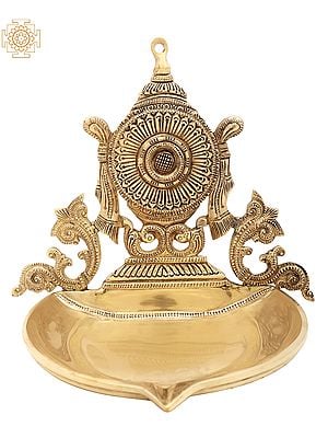 9" Superfine Chakra Wick Lamp (Vaishnava Symbol) In Brass | Handmade | Made In India