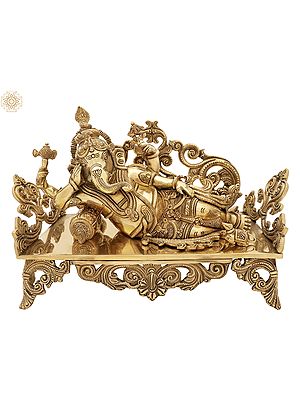 14" Reclining Ganesha Brass Sculpture | Indian Handcrafted Idol