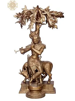 26" Krishna with Cow | Handmade | Madhuchista Vidhana (Lost-Wax) | Panchaloha Bronze from Swamimalai