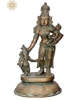 27 Standing Parvati with Baby Ganesha and Karttikeya | Handmade | Madhuchista Vidhana (Lost-Wax) | Panchaloha Bronze from Swamimalai"