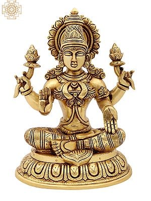 10" Ardhapadmasana Chaturbhuja Dharini Lakshmi | Brass Statue | Handmade | Made In India