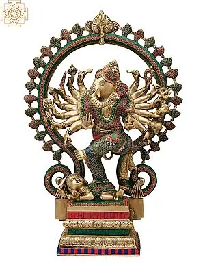 26" Dancing Ganesha with Kirtimukha Prabhavali (Inlay Work) In Brass | Handmade | Made In India
