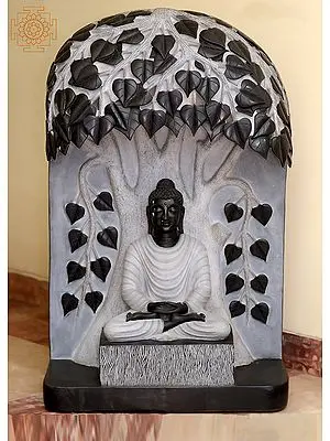 36" Large Marble Buddha Under The Bodhi Tree | Handmade Meditating Buddha Statue | Hand Carved Marble Buddha Sculpture