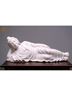 24" White Sleeping Buddha Statue | Handmade | Reclining Buddha Sculpture | Home Decoration