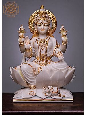 24" Goddess Lakshmi Seated on Lotus | Handmade | White Marble Lakshmi Seated on Lotus | Hindu Goddess of Wealth Goddess Laxmi Sitting on Lotus Laxmi Sculpture Indian Home Decor