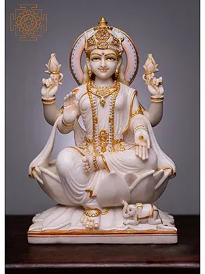 21" Goddess Lakshmi Seated on Lotus | Handmade | White Marble Lakshmi Seated on Lotus | Hindu Goddess of Wealth Goddess Laxmi Sitting on Lotus Laxmi Sculpture Indian Home Decor