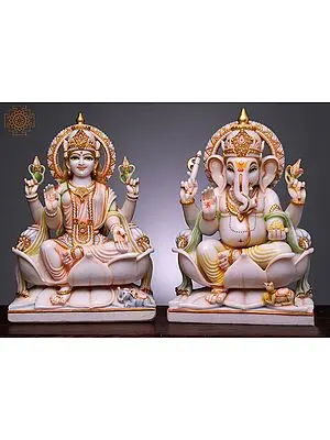 24" Lord Ganesha Goddess Lakshmi Statue | Handmade | White Marble Statue | Ganesh Lakshmi On Lotus Idol | Vinayak Padma Deity