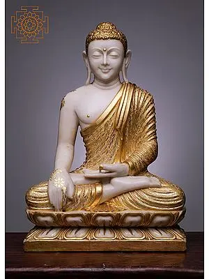 24" Lord Buddha in Bhumi-Sparsha Mudra | White Marble Buddha Statue | Handmade | Buddha Marble Statue | Lord Buddha Statue | Seated Meditation Statue| Buddha Figurine