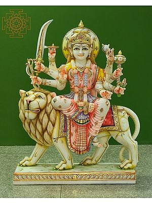 36" Large Ashtabhuja Goddess Durga | Handmade | Marble Durga Maa Statue | Marble Durga Murti | Goddess Durga Idol Sitting on Lion