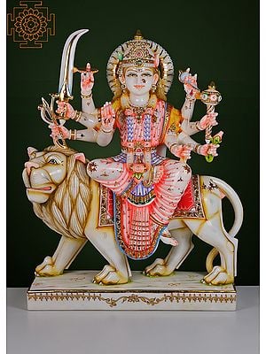 30" Ashtabhuja Goddess Durga | Handmade | Marble Durga Maa Statue | Marble Durga Murti | Goddess Durga Idol Sitting on Lion