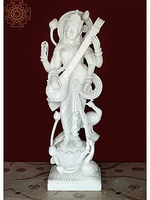 39" Large Goddess Saraswati on Lotus | Handmade | White Marble Saraswati | Music | Art | Wisdom & Education