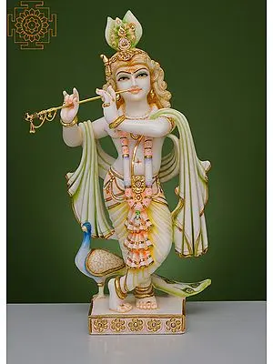 24" Krishna Playing Flute With Peacock | Handmade | White Marble Krishna | Krishna Statue