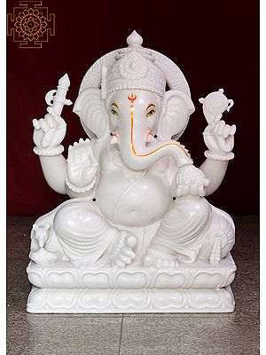 30" Lord Ganesha Statue | Handmade | White Marble Ganesha | Cultured Marble Lord Ganesha Idol | Vinayak | Ganpati