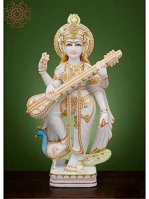 32" Large Superfine Standing Devi Saraswati | Handmade | White Marble Saraswati | Music | Art | Wisdom & Education