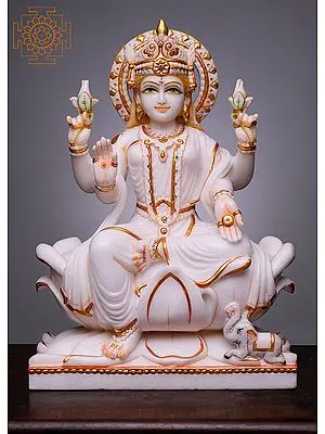 18" Devi Lakshmi Seated on Lotus | Handmade | White Marble Lakshmi Statue | Goddess of Money | Lakshmi Idol | Lakshmi for Pooja Room