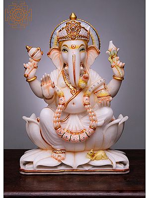 15" Lord Ganesha Seated on Lotus | Handmade | White Marble Ganesh Statue | Mahaganpati Statue | Siddhi Vinayak