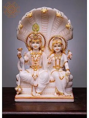15" Vishnu and Lakshmi Seated on Sheshnag | Handmade | White Marble Vishnu Lakshmi Statue | Narayan Lakshmi Idol