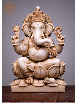 21" Lord Ganesha Seated on Lotus | Handmade | White Marble Ganesh Statue | Siddhi Vinayak | Ganpati Statue