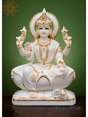 18" Devi Lakshmi Seated on Lotus | Handmade | White Marble Lakshmi Statue | Goddess of Money | Lakshmi Idol | Lakshmi for Pooja Room