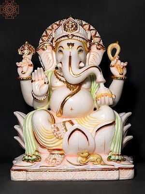 18" Lord Ganesha Seated on Lotus | Handmade | White Marble Ganesh Statue | Ganpati Statue | Vinayak | Ganpati