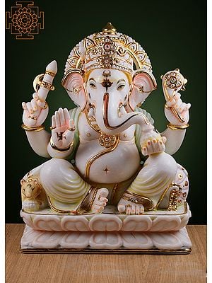 18" Lord Ganesha Seated on Lotus | Handmade | White Marble Ganesh Statue | Ganpati Statue | Vinayaka Idol