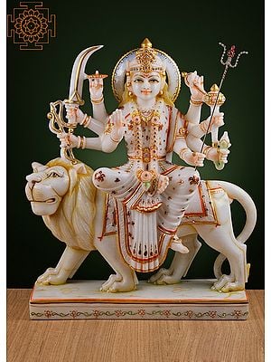 18" Ashtabhuja Devi Durga | Handmade | Marble Durga Maa Statue | Marble Durga Murti | Goddess Durga Idol Sitting on Lion | Ambe Maa Murti
