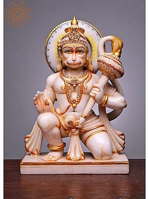 15" Ashirwad Anjaneya (Hanuman Ji) | Handmade | White Marble Hanuman Statue | Monkey God |Bajrangbali