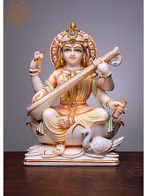 12" Devi Saraswati | Handmade | White Marble Saraswati | Goddess Saraswati Statue | Gayatri |