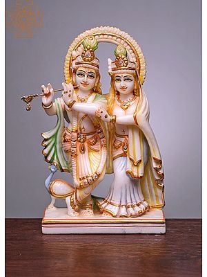 12" Radha Krishna Statue | Handmade | Radha Krishna With Peacock Statue | Marble Radha Krishna Statue | Divine Couple God | Lord Krishna | Goddess Radha