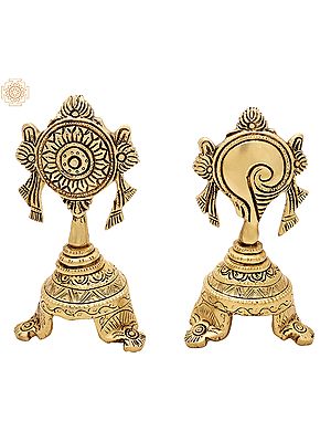 6" Vaishnava Symbols (Pair) | Conch and Chakra Brass Statue | Handmade | Made in India