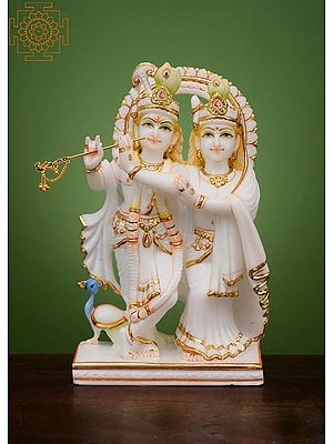 12" Radha Krishna Statue | Handmade | Radha Krishna With Peacock Statue | Marble Radha Krishna Statue | Divine Couple God | Lord Krishna | Goddess Radha
