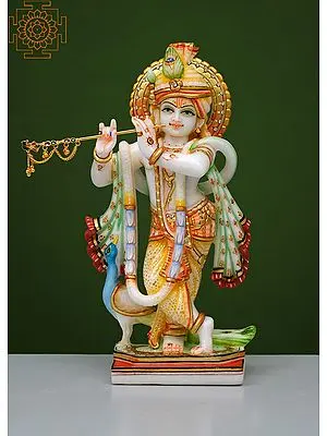 12" Standing Lord Krishna With Pagadi and Peacock | Handmade | Marble Lord Krishna | Spiritual Home Decor