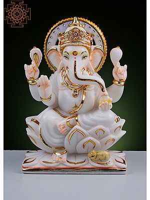 10" Lord Ganesha Seated on Lotus | Handmade | White Marble Ganesh Statue | Ganpati | Ganesh Murti | Vinayak